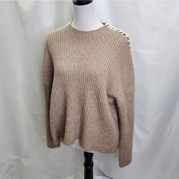 Halogen Tan Thread Detail Chunky Knit Sweater Size Large - Picture 3 of 10